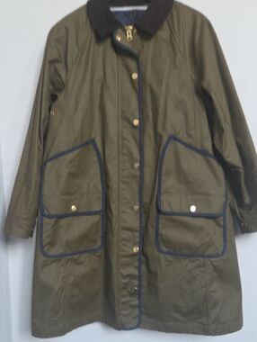 J. Crew Women's Waxed Olive Green Trench Coat with Navy Trim Size Small